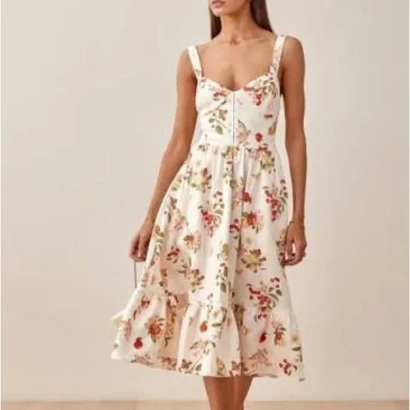 Reformation Dolci White Floral 100% Linen Midi Dress Sweetheart Neckline Size 6 - Picture 1 of 8